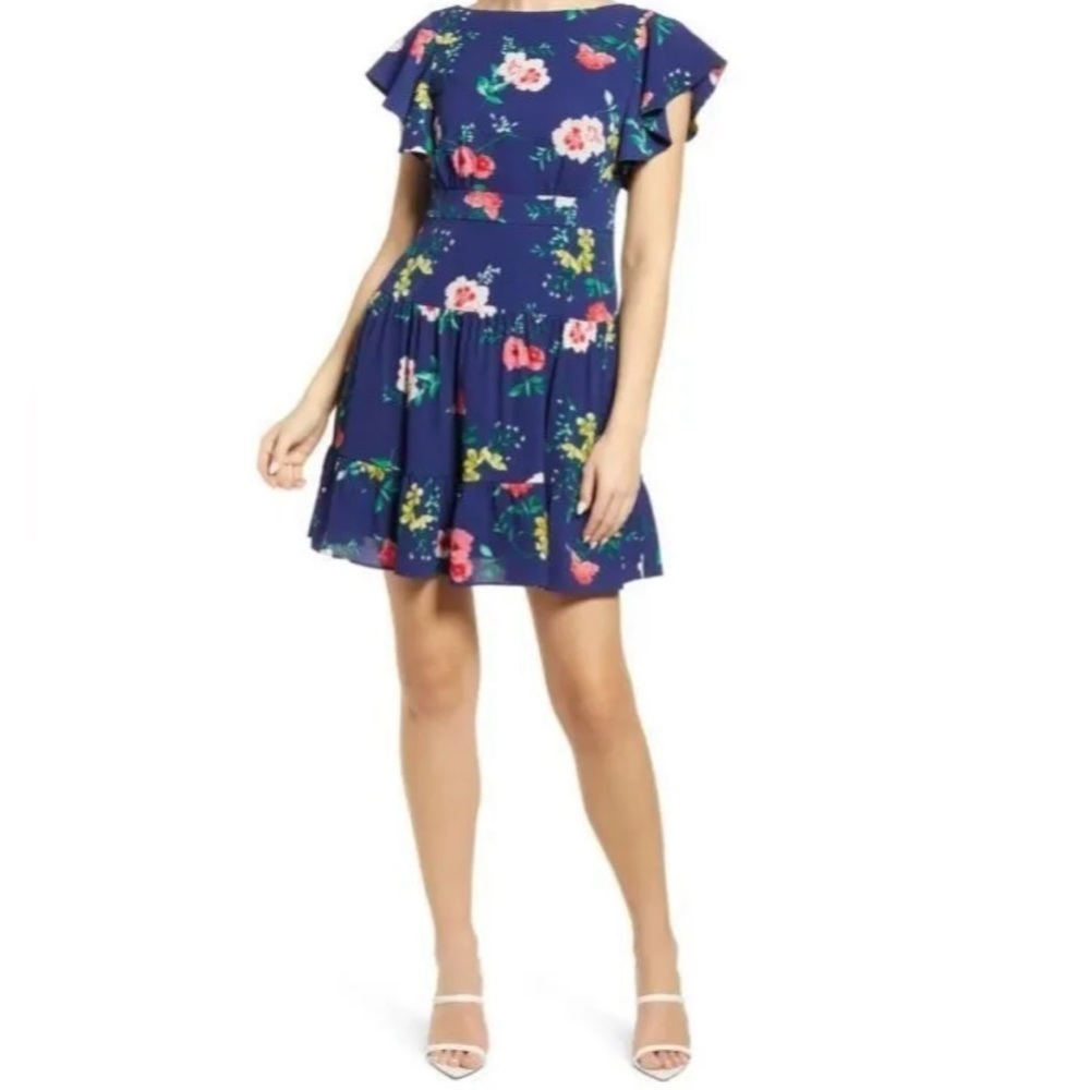 Eliza J Navy Blue Floral Short Sleeve Lined Mini Dress- NWOT Size 6
